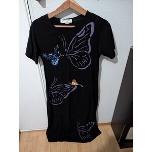 Crazy Fish Hawaiian Maxi Dress Black Hand Painted Butterflies 100% Linen Sz S